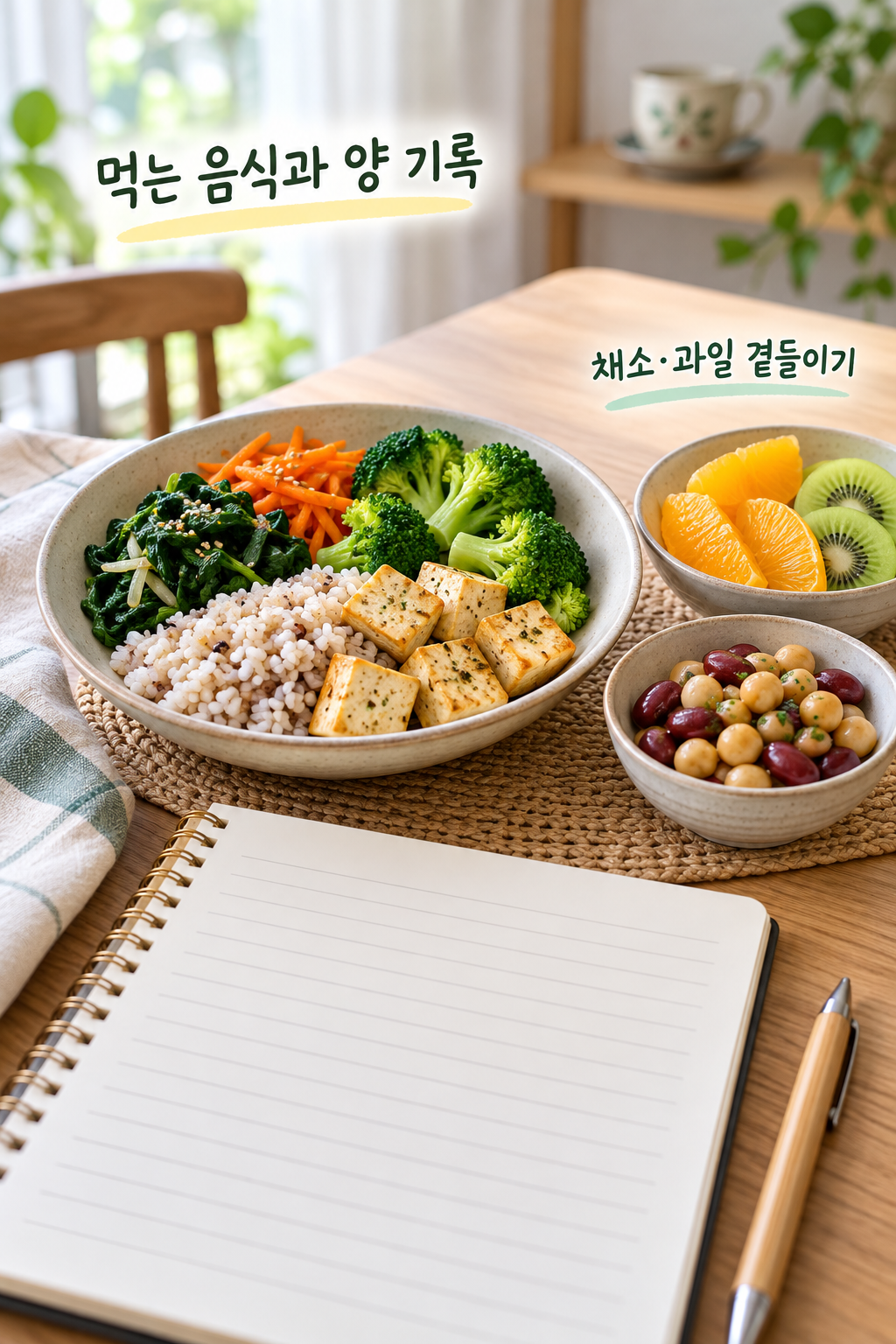 두부와 콩·채소·과일을 곁들인 식사 옆에 식사 기록지를 둔 모습