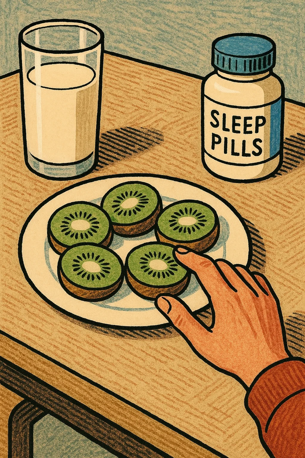우유와 수면제 대신 키위를 향하는 손