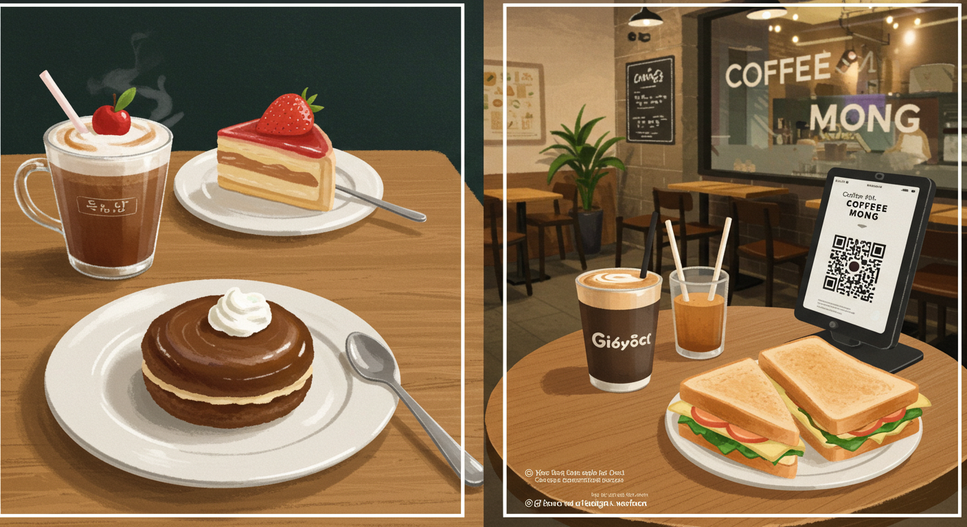강남 일대에서 소비쿠폰 사용 가능한 카페 두 곳을 보여주는 분할 일러스트