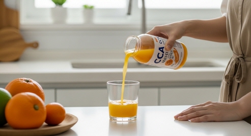 밝은 주방에서 CCA 주스를 컵에 따르는 모습