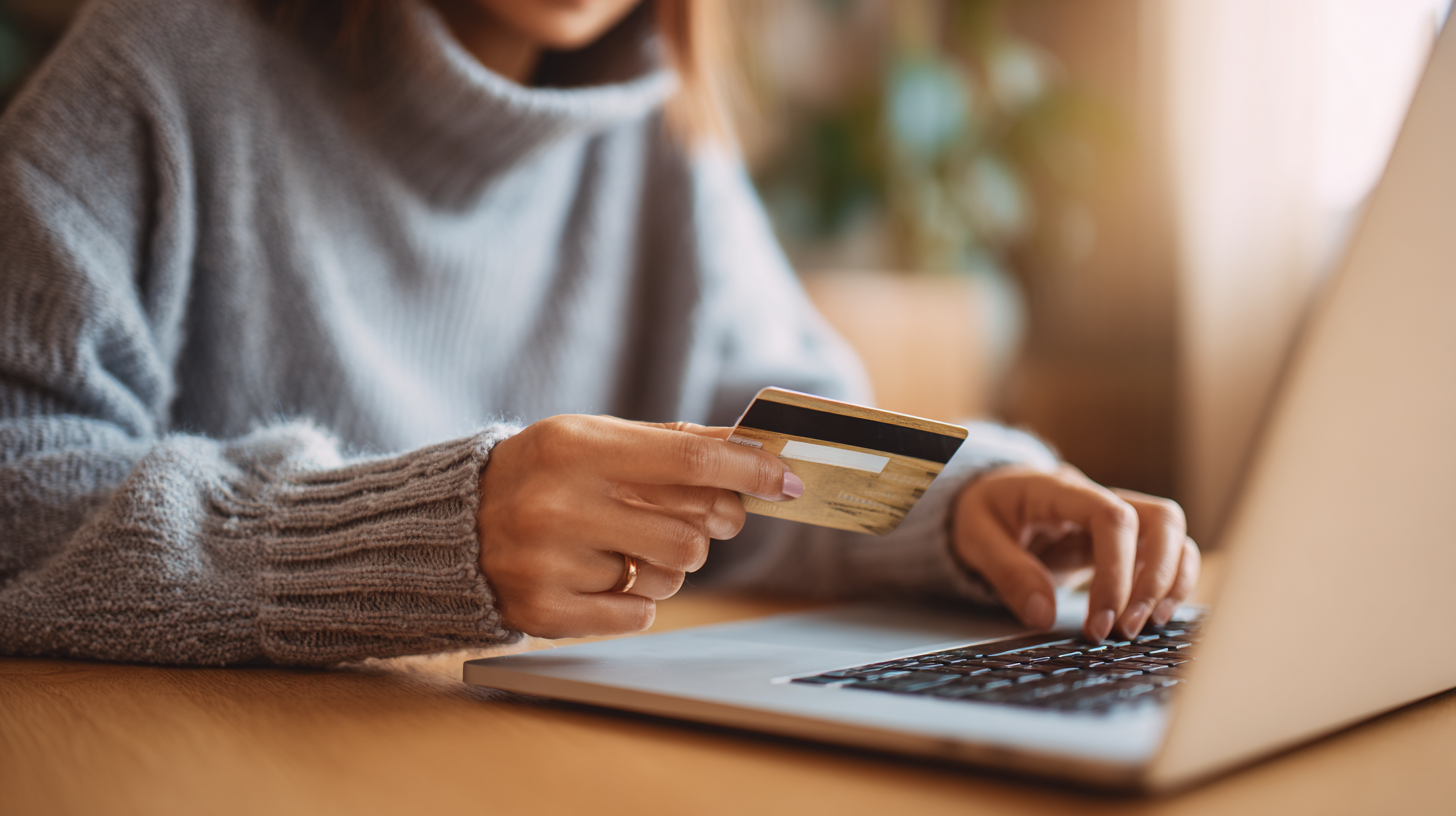 노트북으로 공연 티켓을 결제하는 한국인 여성, 책상 위에 여러 장의 티켓과 원화 가격표