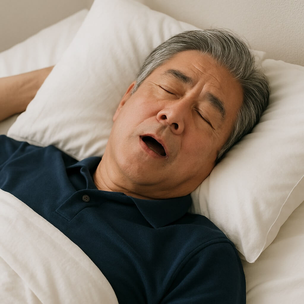 침대에 누워 입을 벌리고 코를 골며 자고 있는 50대 남성. 수면 무호흡증의 전형적인 모습을 표현한 이미지