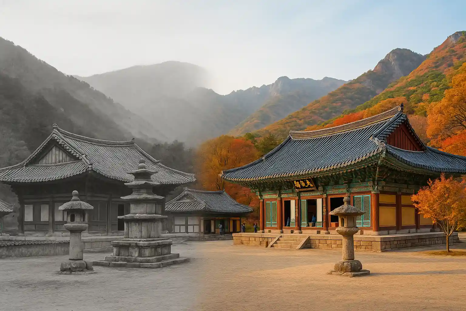 팔공산 동화사의 과거 흑백 풍경과 현재 가을 풍경이 자연스럽게 이어진 가로 이미지