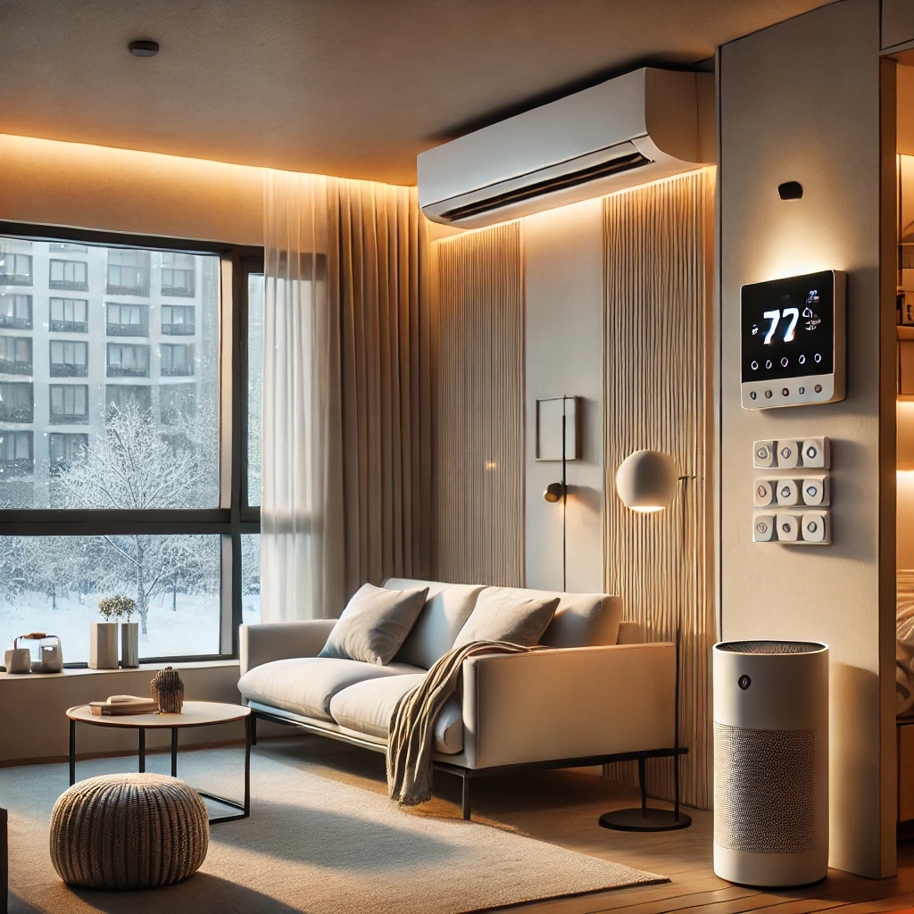 스마트 공기청정기와 스마트 온도 조절기가 설치되어 있는 모습. 미니멀한 디자인의 거실에는 편안한 소파와 부드러운 조명이 어우러져 따뜻하고 효율적인 난방 환경을 제공합니다