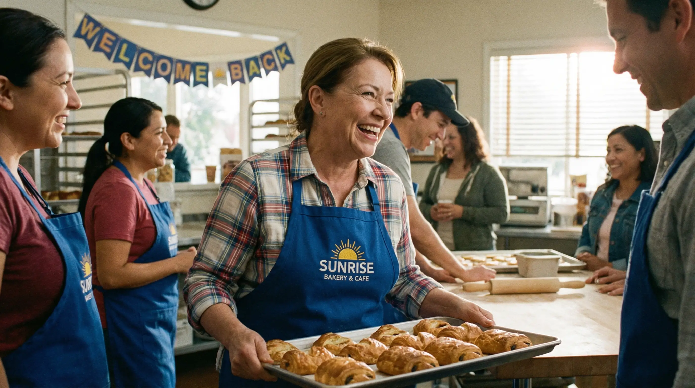 새로운 직장에서 유니폼을 입고 밝게 웃으며 일하는 모습, 성공적인 재취업의 상징