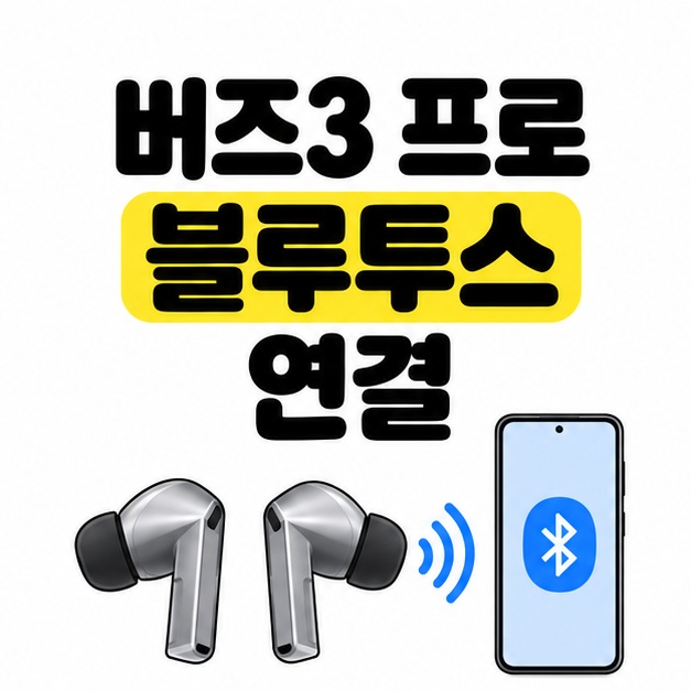 버즈3 프로 블루투스 연결이라는 큰 제목 아래 은회색 이어버드 한 쌍과 블루투스 기호가 표시된 휴대전화가 놓인 대표 이미지