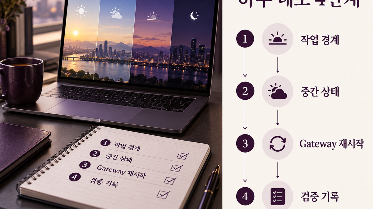 Kiro Crew 하루 데모에서 작업 경계·중간 상태·Gateway 재시작·검증 기록을 순서대로 확인하는 설명 이미지