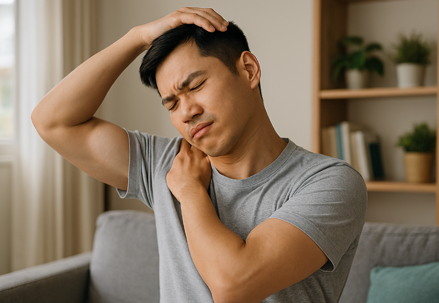 남성이 소파에 앉아 목을 부드럽게 늘리는 모습