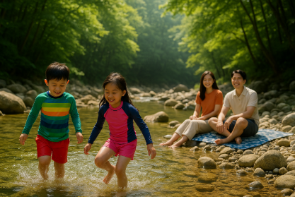서울 근교 계곡에서 물놀이를 하고 있는 아이와 보고 있는 부모 모습