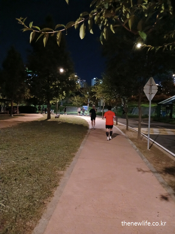 붉은 티셔츠를 입은 남성과 시민들이 야간 조깅 중인 모습-조깅 효과-체지방 감소 및 체중 관리