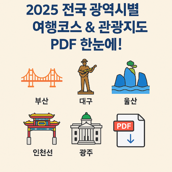 2025 전국 광역시별 여행코스 &amp; 관광지도 PDF 한눈에! 부산(다리), 대구(버스커), 울산(바위), 인천(차이나문), 광주(양림동 건축물) 대표 클립아트, PDF 다운로드 아이콘이 어우러진 인포그래픽