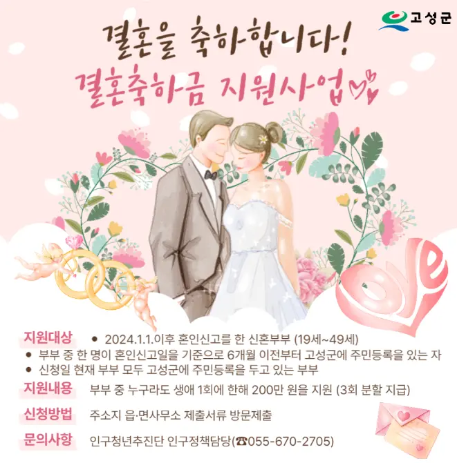 고성군 결혼 축하금 기준 혜택