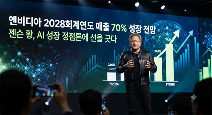 젠슨 황의 발표와 2028년 매출 70% 성장 전망 화면.