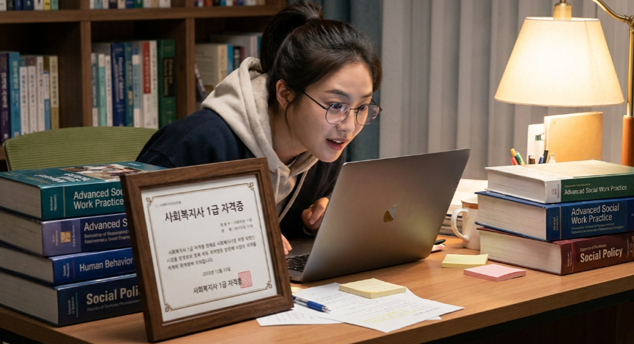 사회복지사 1급 자격증과 전공 서적이 쌓여 있는 책상에서 노트북을 보며 집중