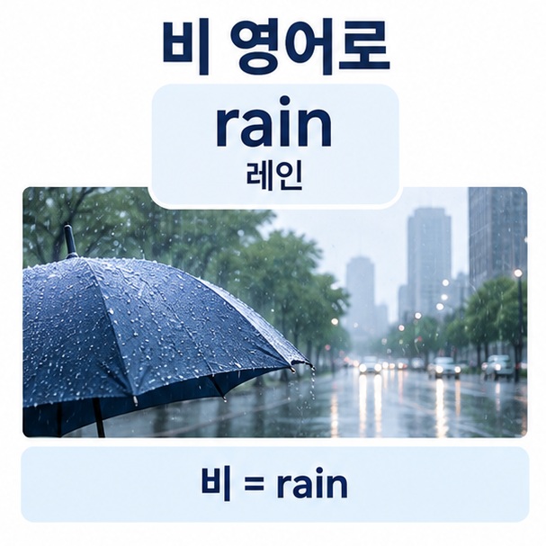 비 영어로라는 제목과 빗방울이 내리는 창문, 우산, 영어 단어 rain을 함께 표현한 대표 이미지
