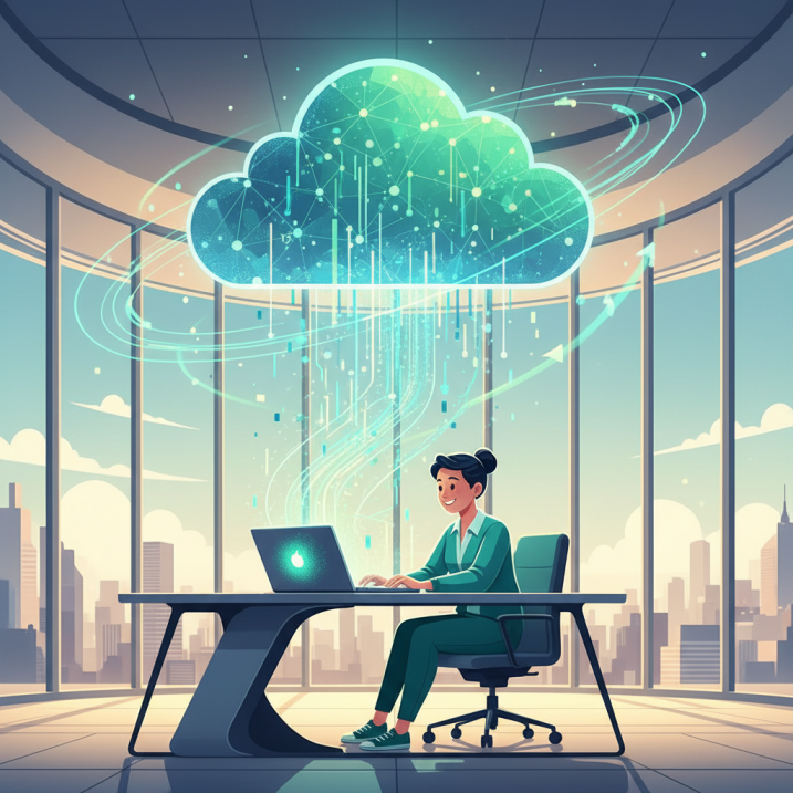 API 최적화를 통해 업무가 끊김 없이 매끄럽게 진행되는 밝은 분위기의 일러스트