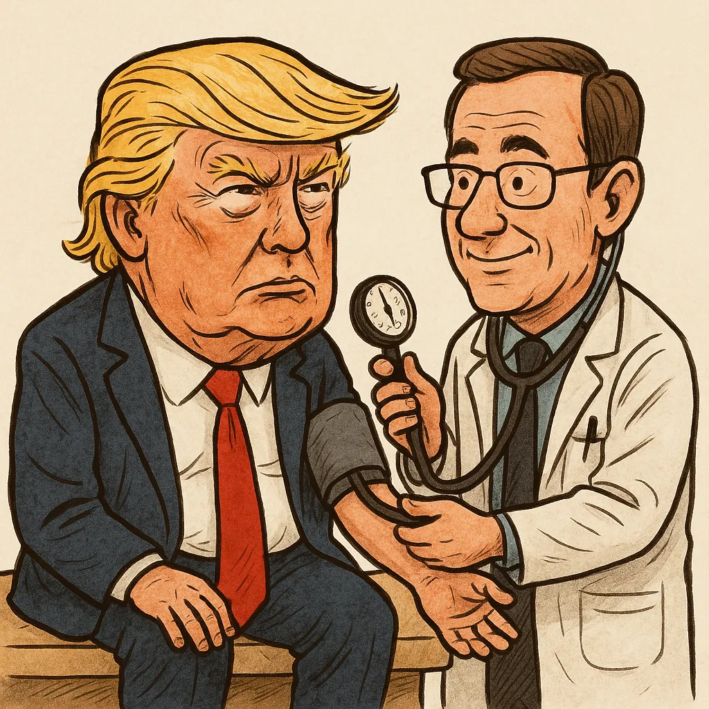 건강검진을 받고 있는 트럼프의 캐리커쳐 모습