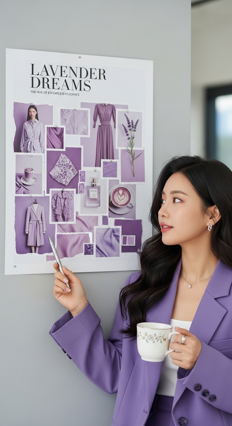 패션 잡지의 한 페이지처럼 연출된 라벤더 무드보드