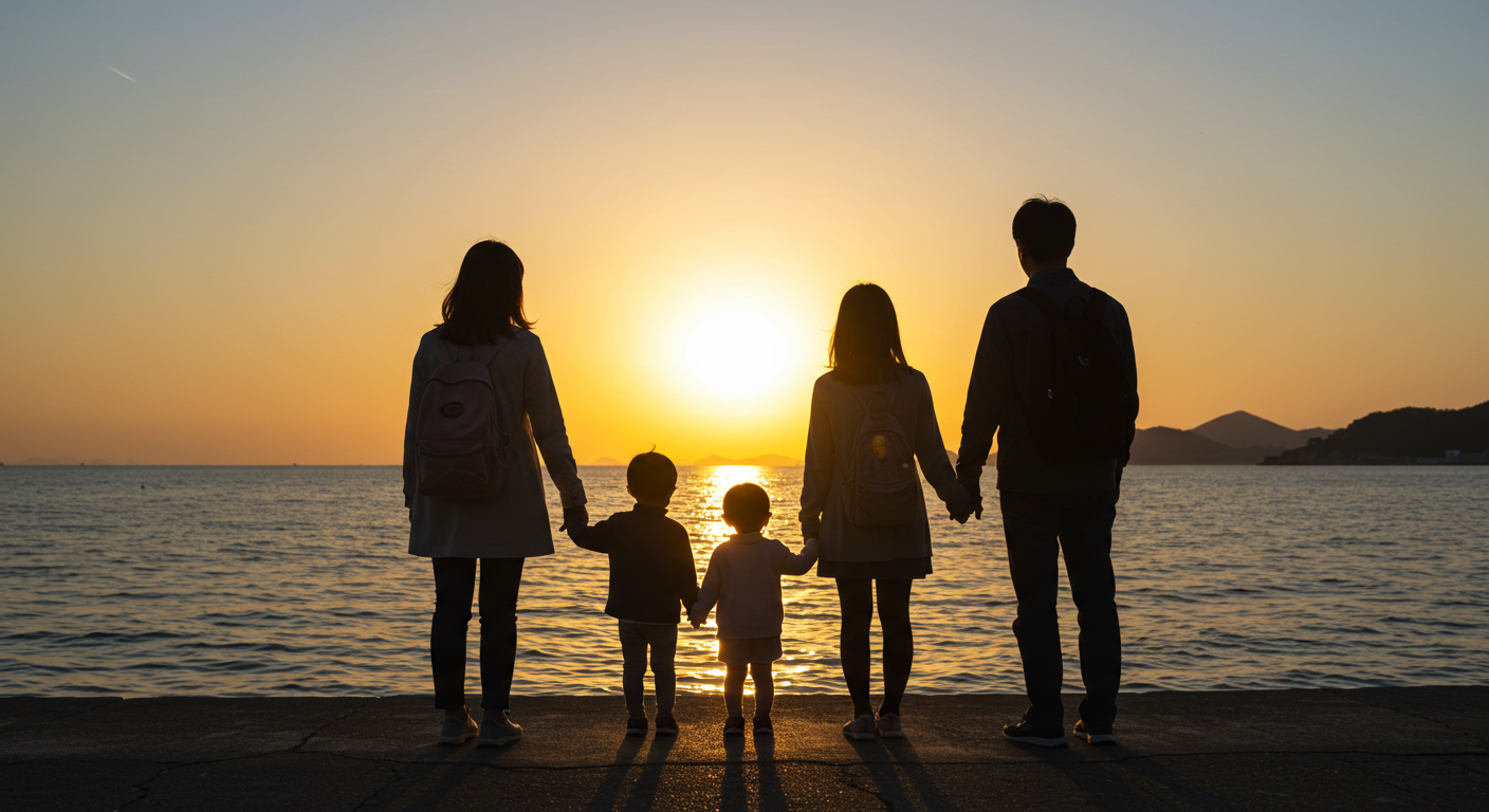 강원도 여행 후 석양을 바라보는 한국인 가족의 뒷모습