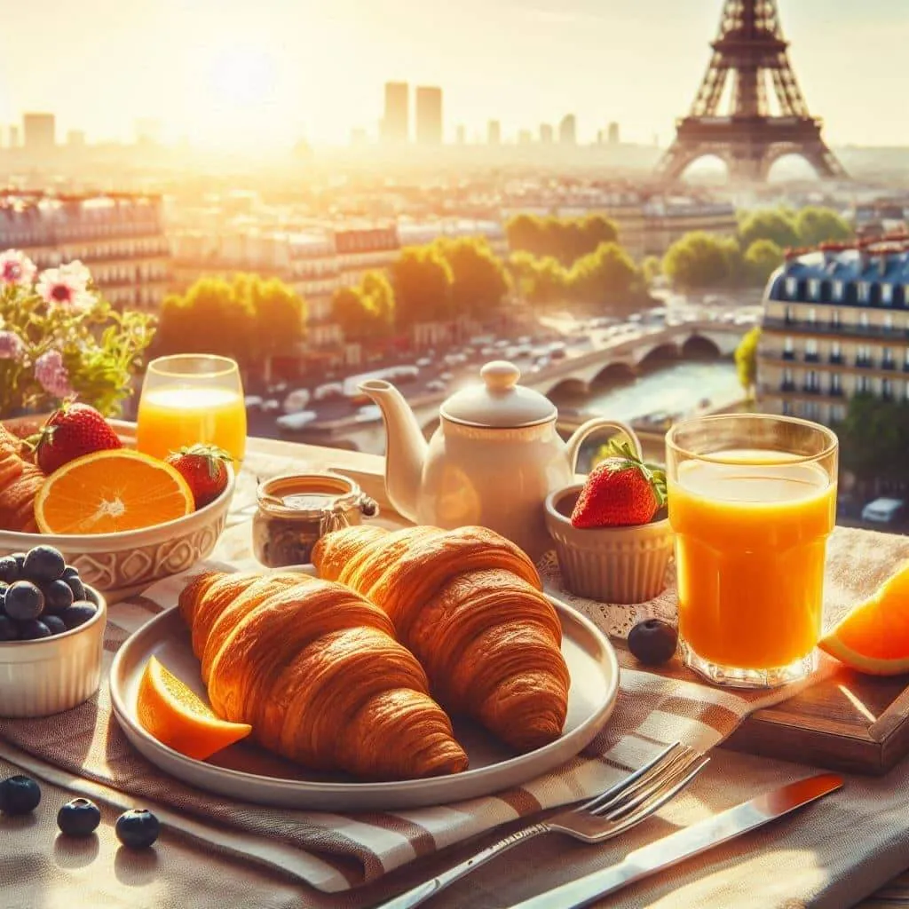 파리 에펠탑이 보이는 아침 풍경 속에서, 테이블 위에 크루아상, 오렌지 주스, 커피, 딸기와 블루베리 등으로 구성된 고급스러운 브런치가 햇살 아래 세팅되어 있다.