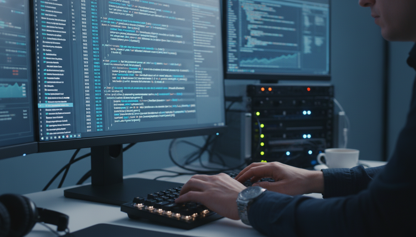 개발자의 손이 파란색과 회색 테마의 코드 편집기에서 복잡한 코드를 입력하는 모습. Claude의 강력한 코딩 능력을 시각화.