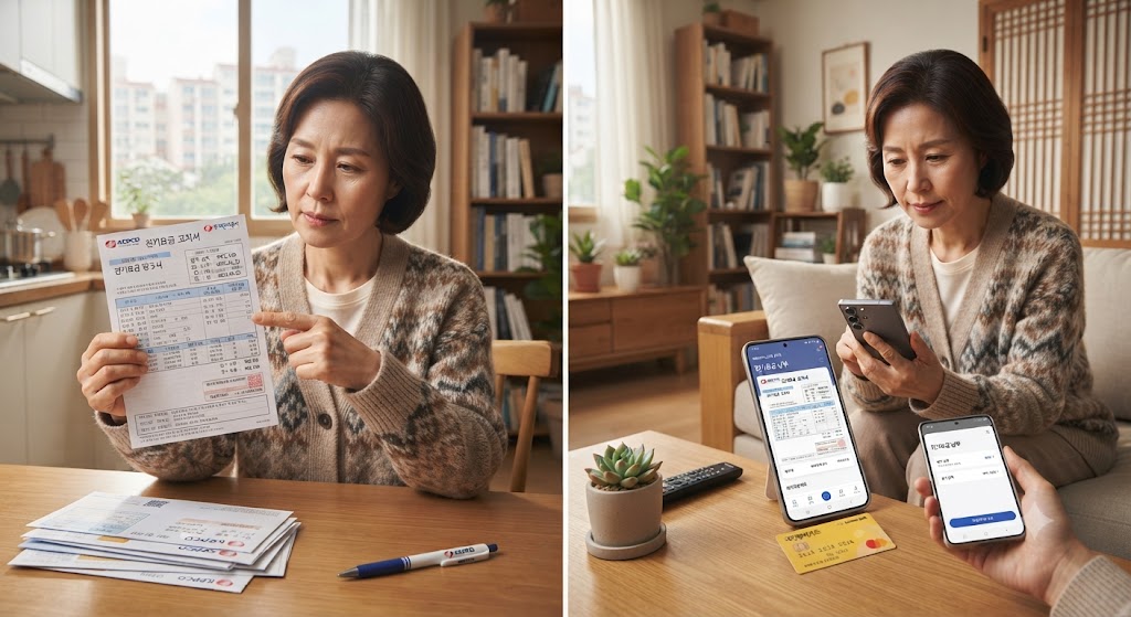 왼쪽은 요금고지서로 납부하는 모습이고 오른쪽은 국민행복카드로 납부하는 모습