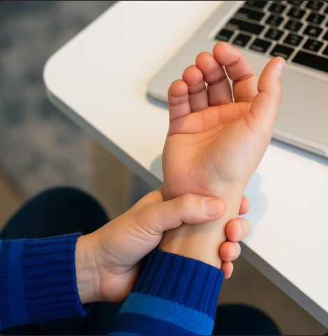 손목이 욱신거려 만지고 있다