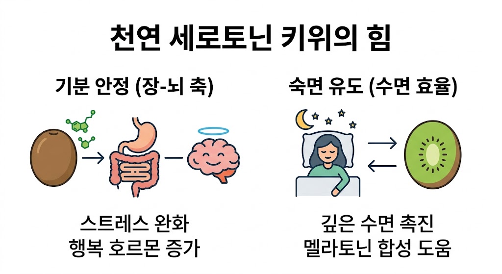천연 세로토닌을 함유한 키위가 장-뇌 축을 조절하여 기분을 안정시키고 스트레스를 완화하는 과정을 심플한 아이콘으로 표현했습니다. 취침 전 키위 섭취가 멜라토닌 합성을 도와 수면 효율을 높이고 깊은 잠을 촉진하여 신체 회복을 돕는 유익한 기전을 담고 있습니다.