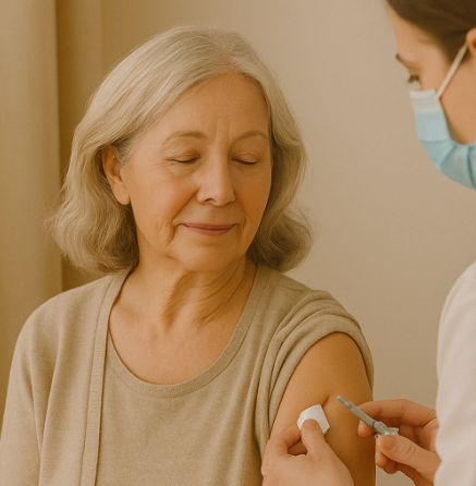 예방 접종 중인 노년 여성의 모습