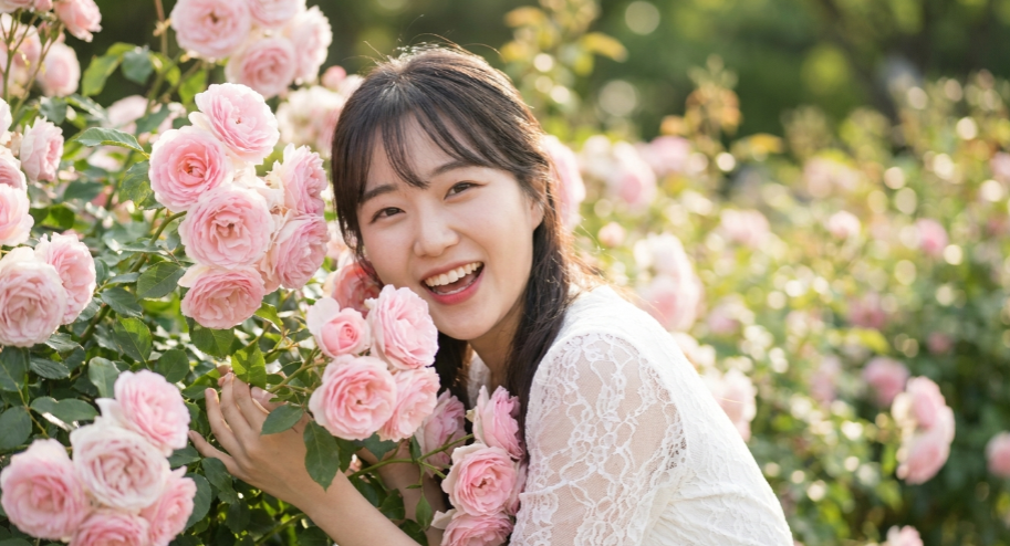 장미 터널 안에서 햇살을 받으며 웃고 있는 여성