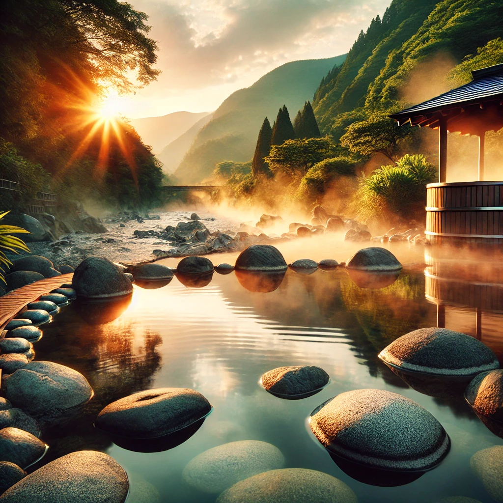 온천탕에서 김이 모락모락 나는 모습 또는 노천탕과 자연 풍경