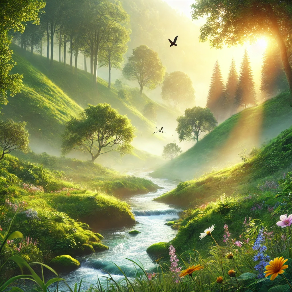 햇살 가득한 숲속, 냇가 AI생성 이미지