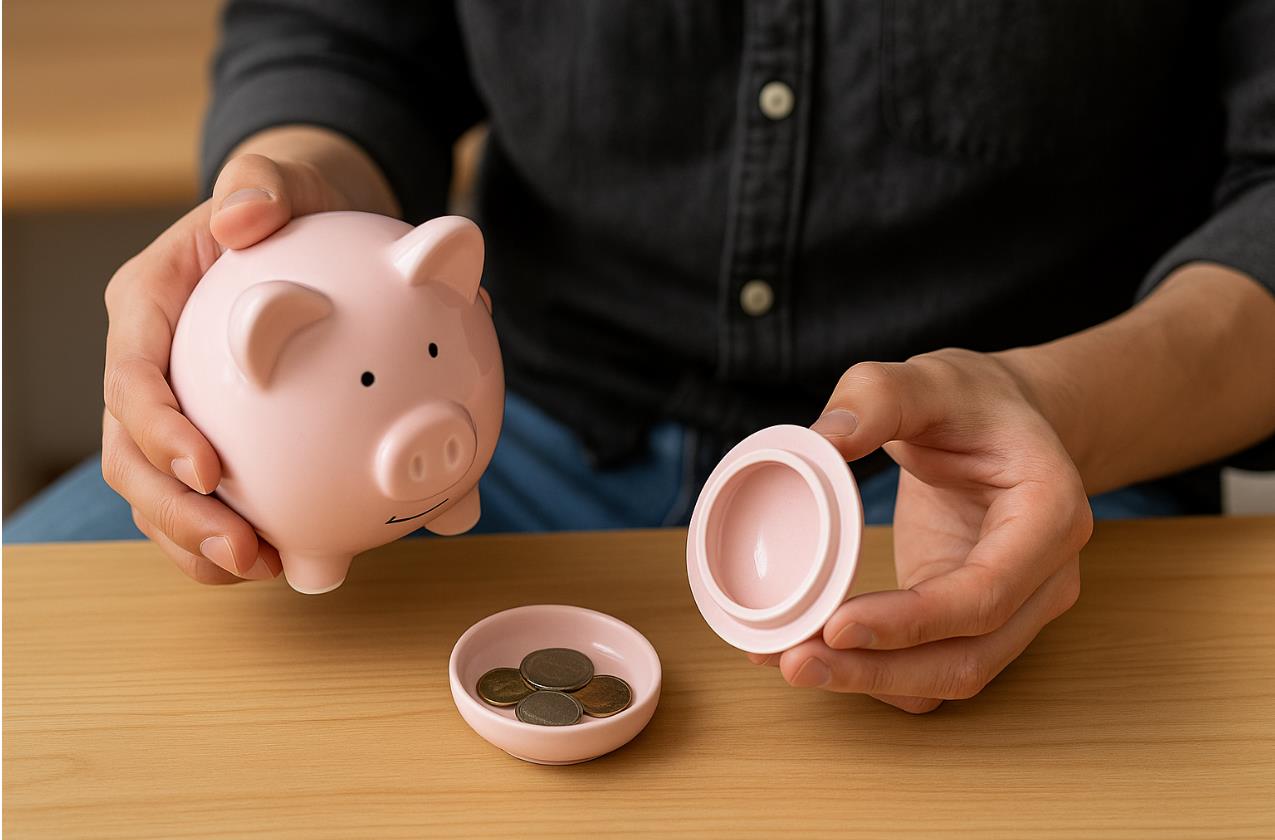 돼지저금통을 열었는데 안에 동전 몇 개만 들어 있는 모습