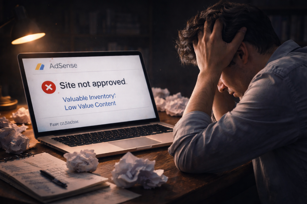 가치 없는 콘텐츠 사유로 애드센스 거절 메일을 확인하며 좌절하는 블로거의 모습