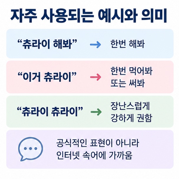 츄라이 해봐 이거 츄라이 츄라이 츄라이 표현의 뜻과 사용 느낌을 비교한 이미지