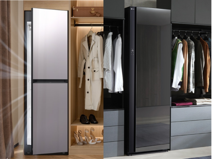 LG 스타일러와 삼성 에어드레서의 기능 비교 이미지, 냄새 제거와 바지 칼주름 관리기 등 주요 특징 설명