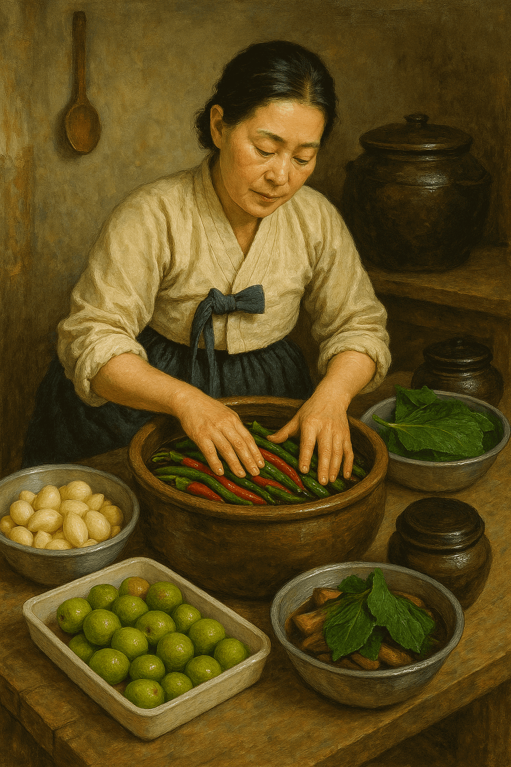 한국적으로 전통장아찌 만드는 여성의 모습