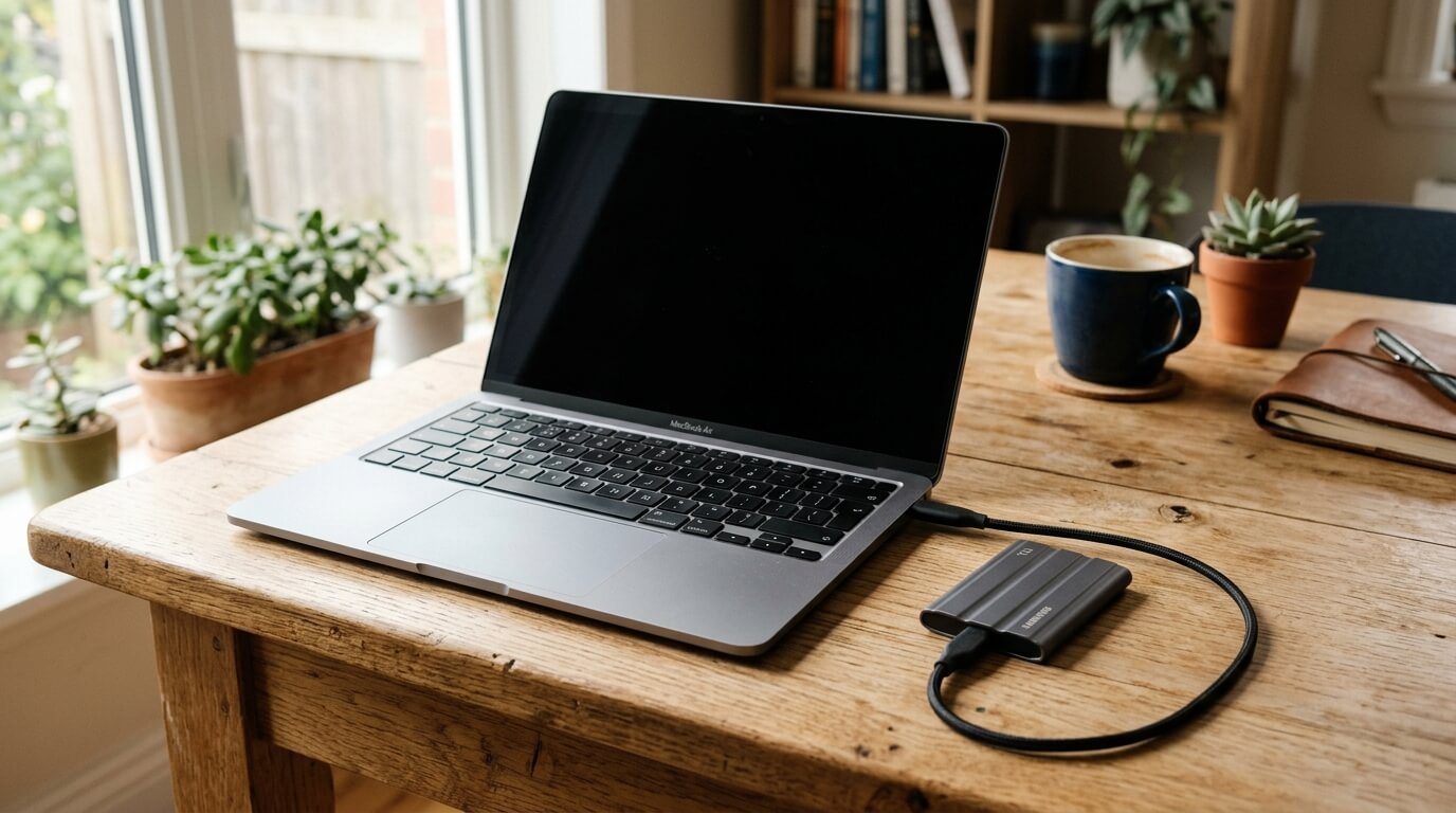 화면이 꺼진 노트북과 그 옆에 놓인 외장 SSD