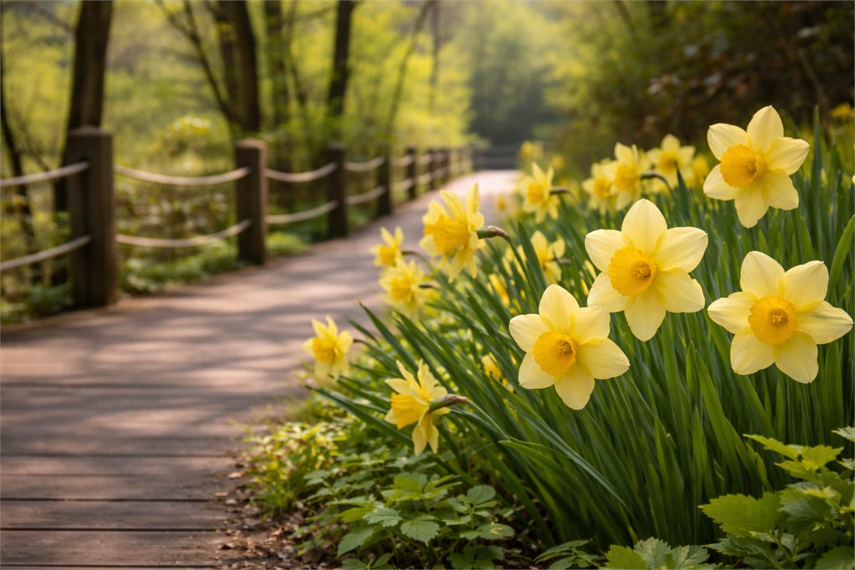 숲길 옆에 피어난 수선화가 선명하게 보이는 봄 디테일 컷 