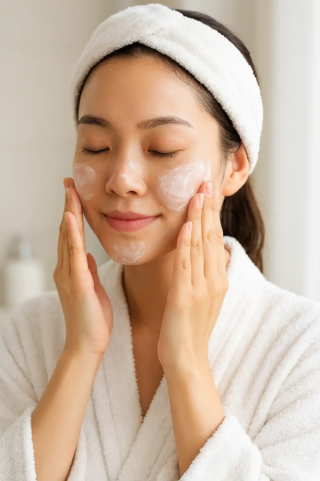 목욕 후 오일을 손에 덜어 온몸에 마사지하는 모습. (바디 오일을 이용한 보습)