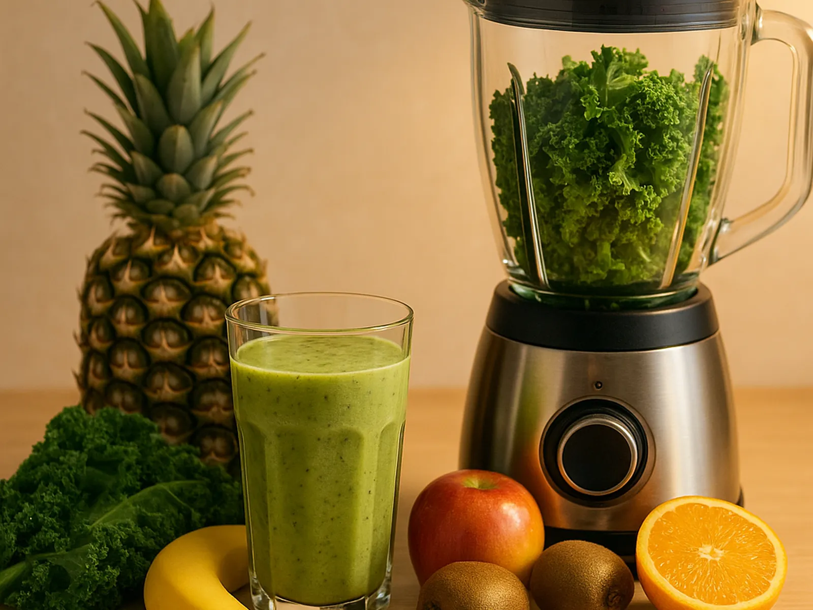 따뜻한 조명이 비추는 주방에서 블렌더 안에 케일이 담겨 있고, 옆에는 파인애플, 바나나, 사과, 키위, 오렌지, 그리고 완성된 녹색 스무디 한 잔이 놓여 있는 모습