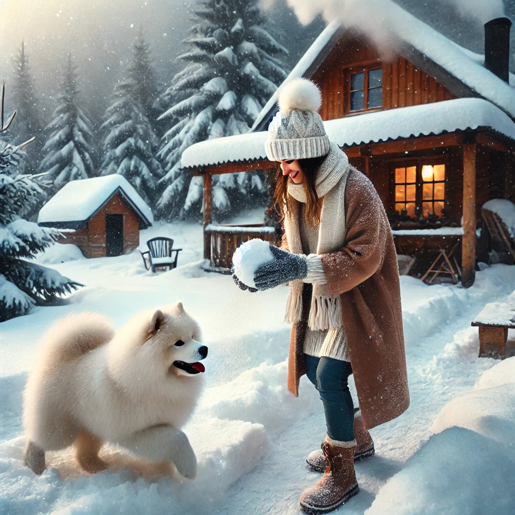 겨울 눈밭에서 사모예드와 주인이 눈놀이하는 모습