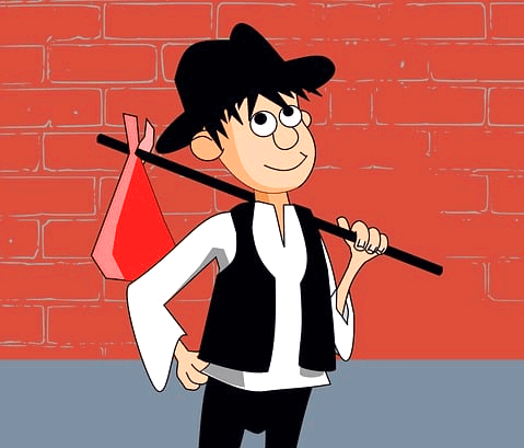 검정 모자와 검정 조끼, 검정 바지를 젊은 남자 노숙자가 보자기가 매달린 막대기를 어깨에 매고 있다.