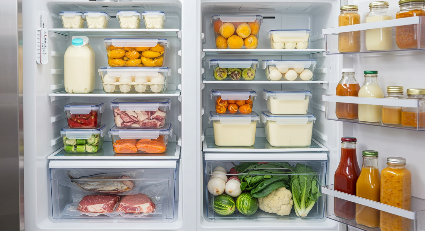 깔끔하게 정리된 현대적인 냉장고 내부