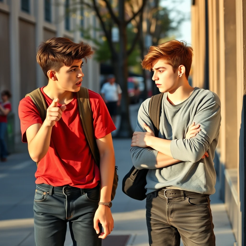 Two friends arguing on the street, showing angry expressions and emotional tension
