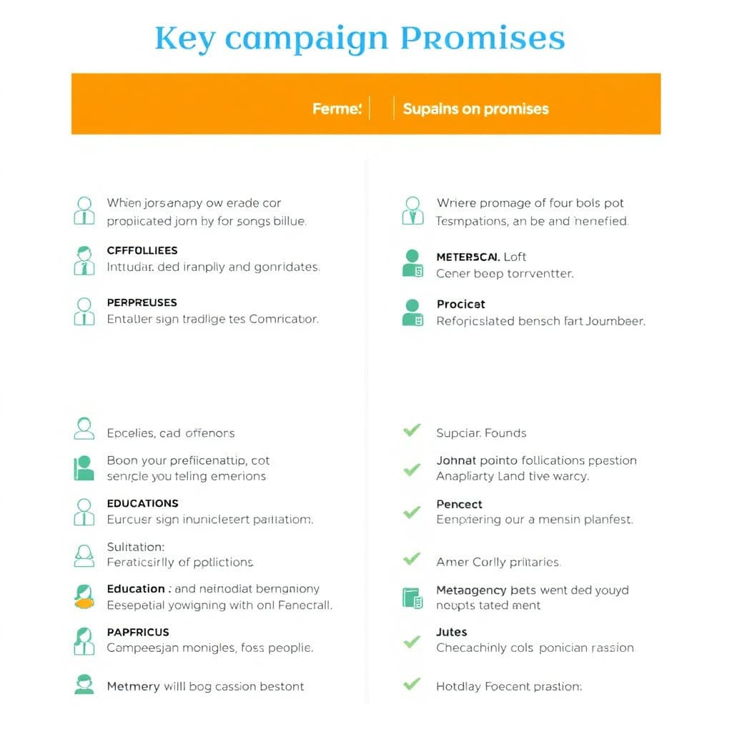 각 후보의 대표 공약 몇 가지를 선택하여 관련 아이콘(예: 일자리 공약은 사람 모양 아이콘 등)과 함께 간결하게 나열하여 비교하는 인포그래픽 형태의 이미지입니다.