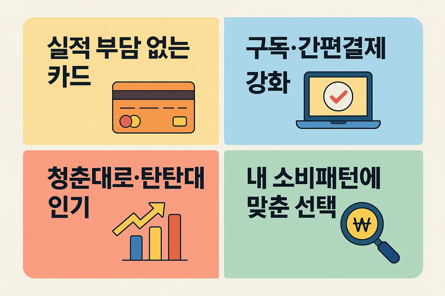 구독&middot;간편결제 강화, 실적 부담 없는 카드, 청춘대로&middot;탄탄대로 인기 상품 등 실제 절약 효과 높은 카드 라인업을 비교한 인포그래픽입니다.