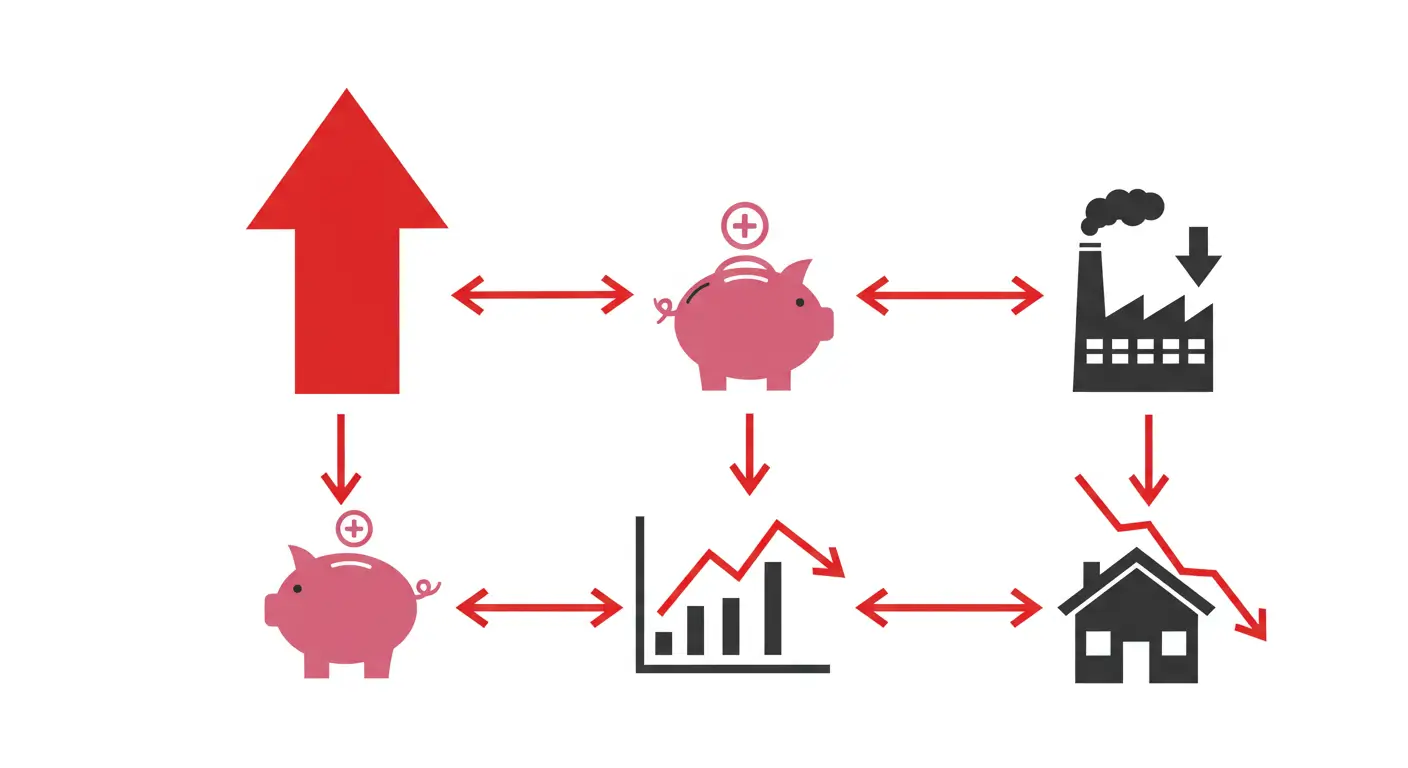 금리 상승이 예적금 매력 상승과 기업 부담 증가를 유발하여 주식과 부동산 시장에 하락 압력을 가하는 과정