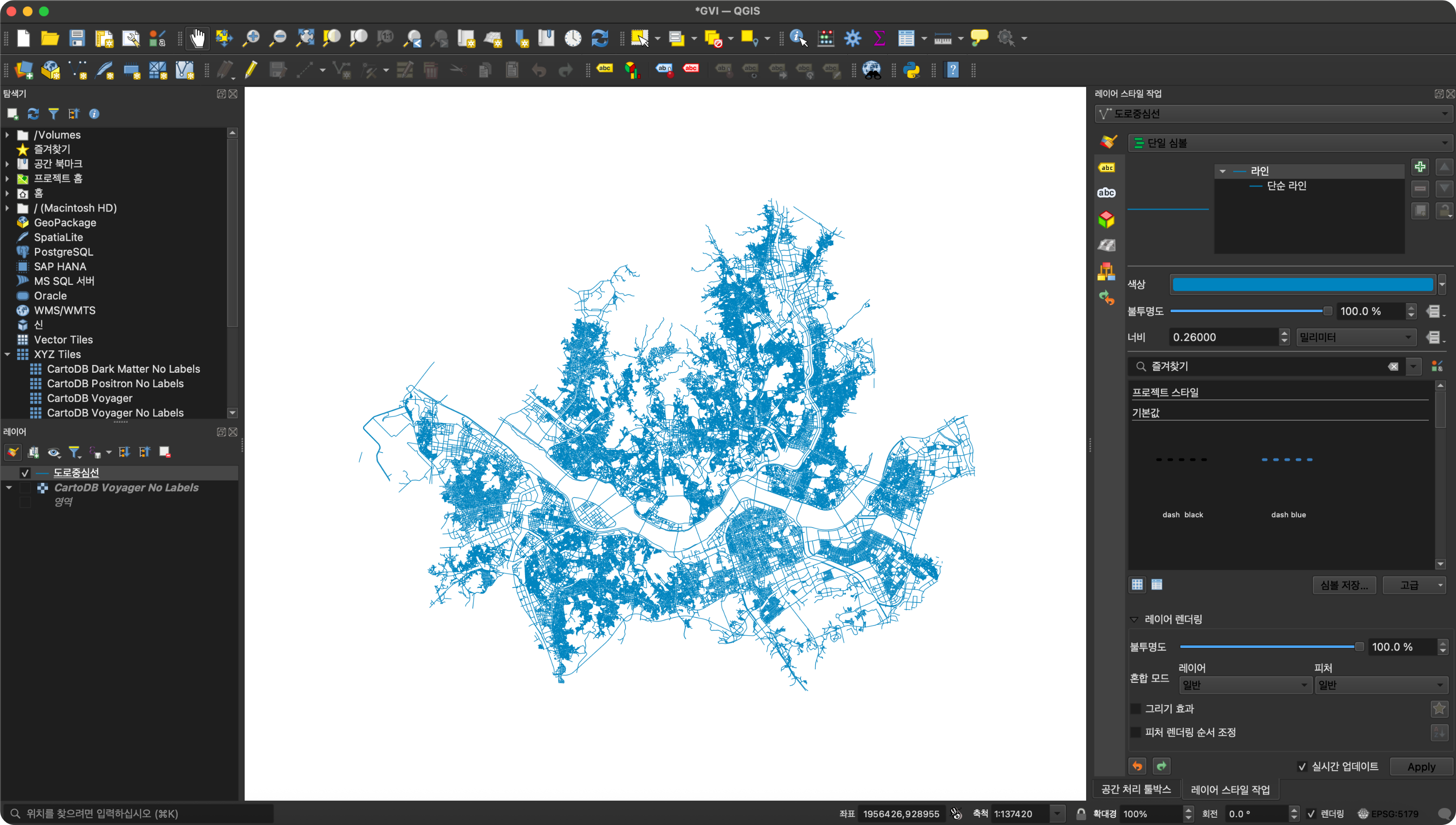도로중심선 shp 파일 불러온 모습