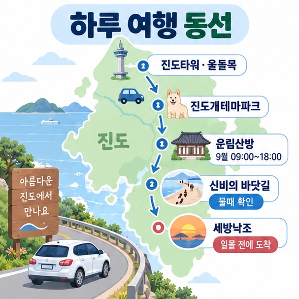 진도타워에서 세방낙조까지 이어지는 하루 여행 동선을 정리한 인포그래픽